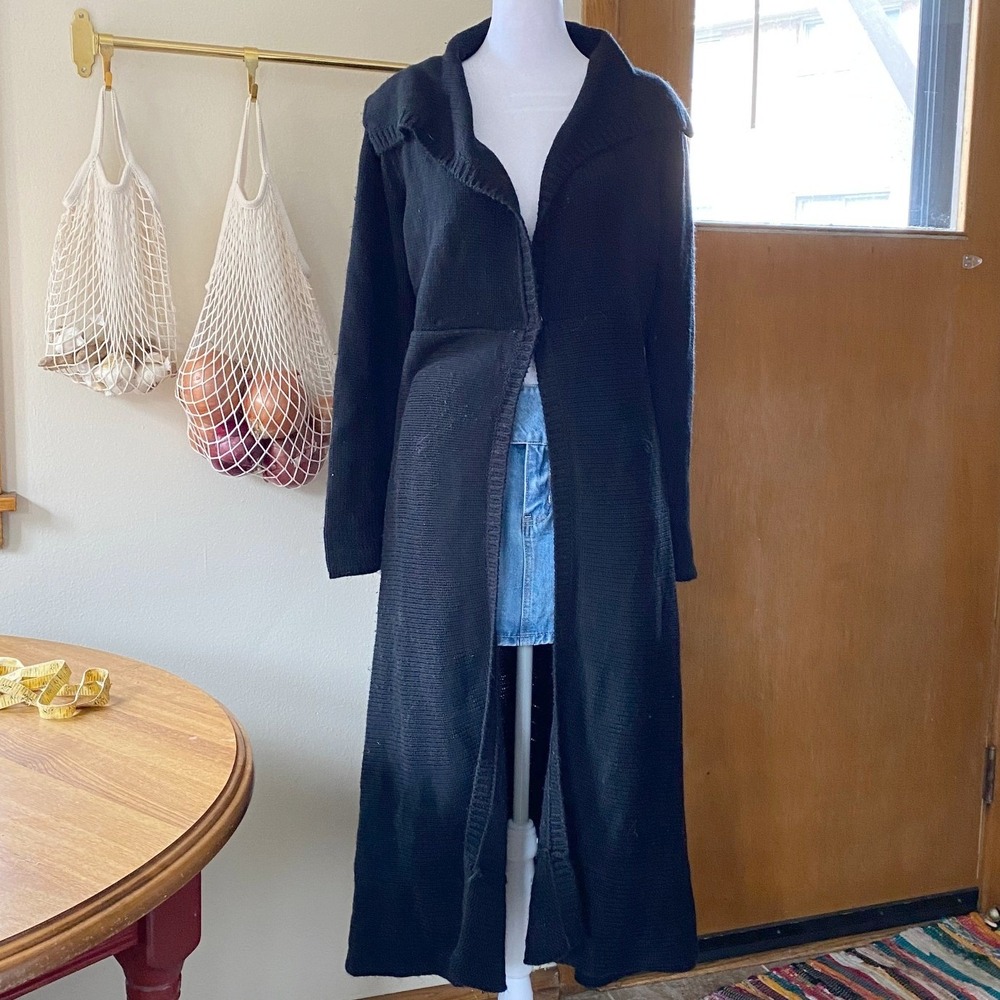 Vintage Y2K Longline Chunky Knit Black Duster Cardigan Sweater Medium Whimsigoth